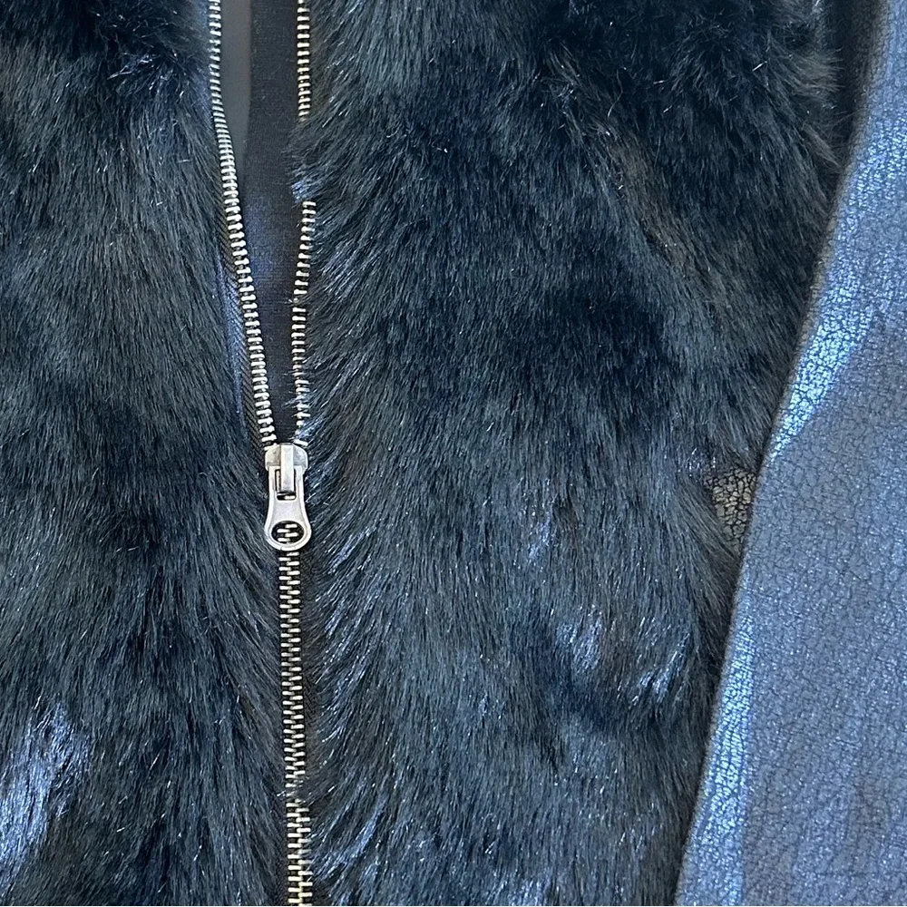 DKNY Girls Faux‎ Fur & Faux Leather Full Zip Biker Style Jacket Black Sz S (7/8)